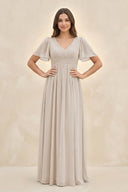 Short Sleeve Chiffon V - Neck A - Line Bridesmaid Dress in Frost - SHE IS ME Bridesmaid Dresses