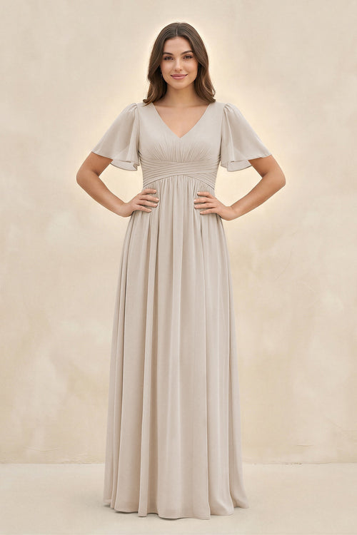Short Sleeve Chiffon V - Neck A - Line Bridesmaid Dress in Frost - SHE IS ME Bridesmaid Dresses