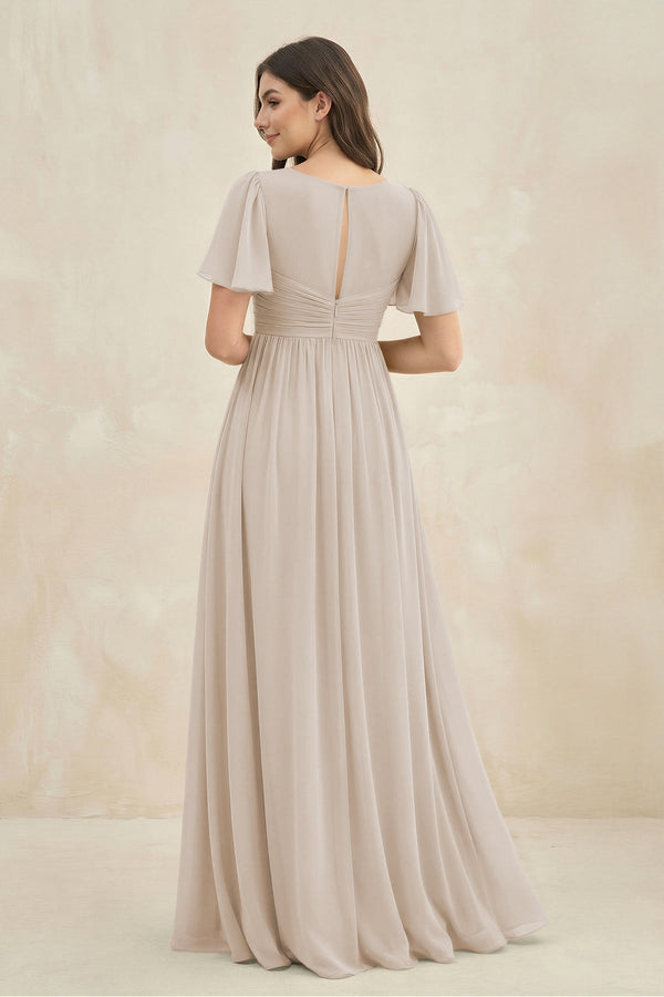 Short Sleeve Chiffon V - Neck A - Line Bridesmaid Dress in Frost - SHE IS ME Bridesmaid Dresses