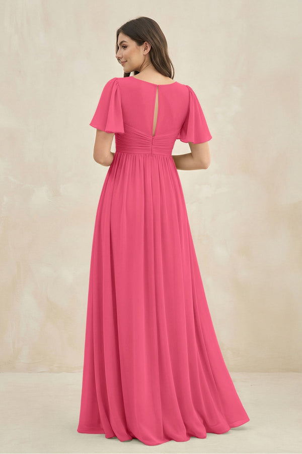 Short Sleeve Chiffon V - Neck A - Line Bridesmaid Dress in Fuchsia - SHE IS ME Bridesmaid Dresses