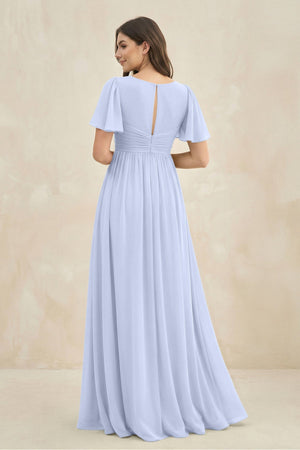 Short Sleeve Chiffon V - Neck A - Line Bridesmaid Dress in Ice - SHE IS ME Bridesmaid Dresses