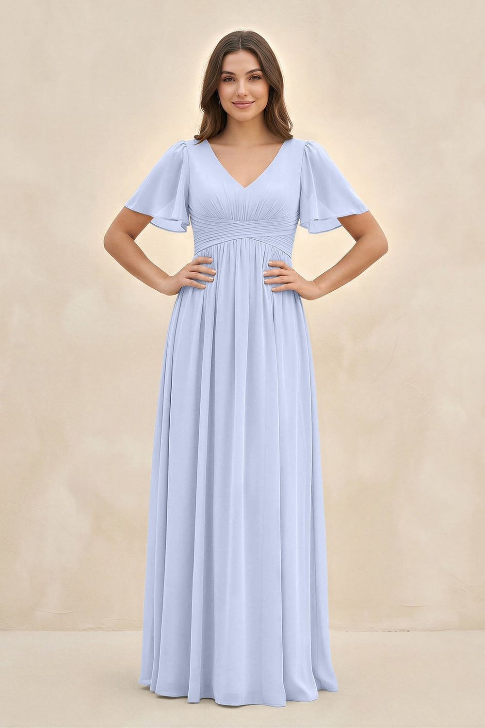Short Sleeve Chiffon V - Neck A - Line Bridesmaid Dress in Ice - KISS BRIDAL Bridesmaid Dresses