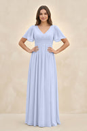 Short Sleeve Chiffon V - Neck A - Line Bridesmaid Dress in Ice - SHE IS ME Bridesmaid Dresses