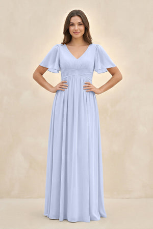 Short Sleeve Chiffon V - Neck A - Line Bridesmaid Dress in Ice - SHE IS ME Bridesmaid Dresses