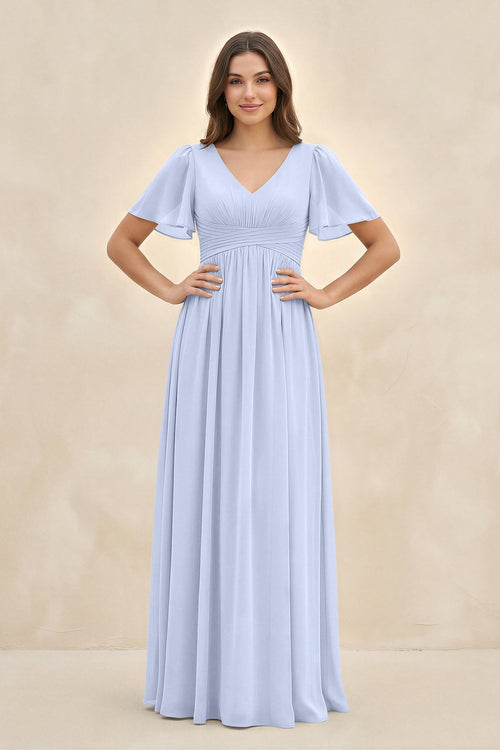 Short Sleeve Chiffon V - Neck A - Line Bridesmaid Dress in Ice - SHE IS ME Bridesmaid Dresses