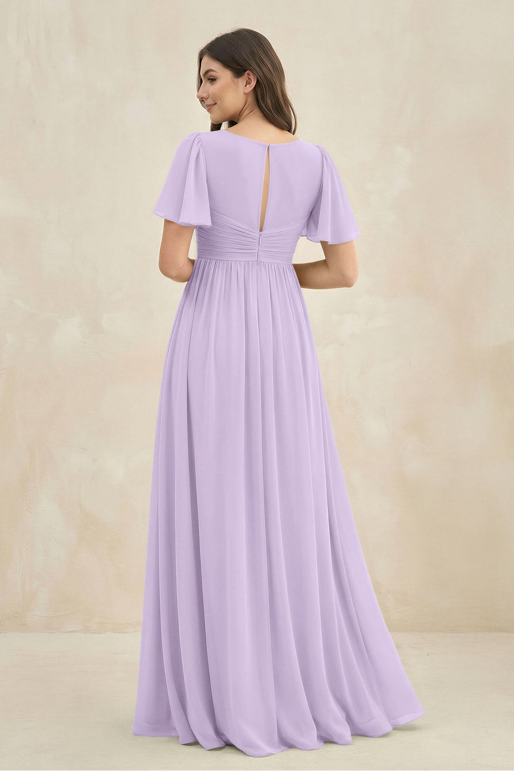 Short Sleeve Chiffon V - Neck A - Line Bridesmaid Dress in Lavender - KISS BRIDAL Bridesmaid Dresses