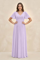 Short Sleeve Chiffon V - Neck A - Line Bridesmaid Dress in Lavender - SHE IS ME Bridesmaid Dresses