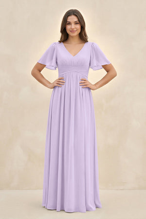 Short Sleeve Chiffon V - Neck A - Line Bridesmaid Dress in Lavender - SHE IS ME Bridesmaid Dresses