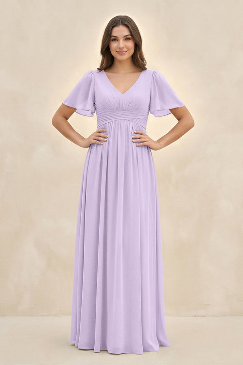 Short Sleeve Chiffon V - Neck A - Line Bridesmaid Dress in Lavender - SHE IS ME Bridesmaid Dresses