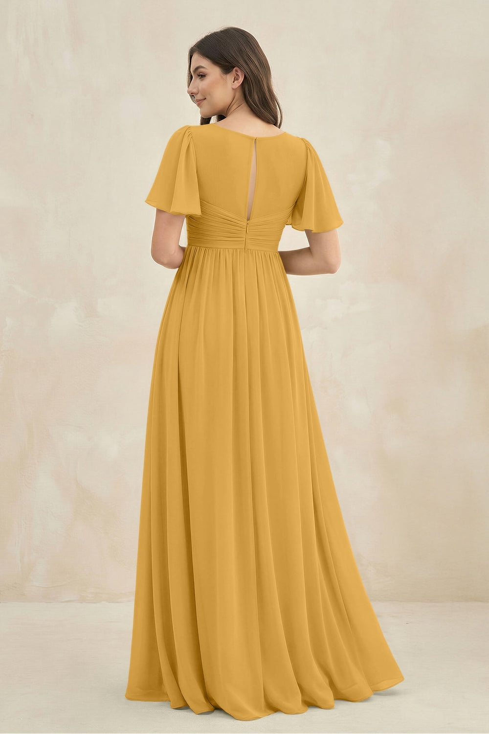 Short Sleeve Chiffon V - Neck A - Line Bridesmaid Dress in Marigold - KISS BRIDAL Bridesmaid Dresses