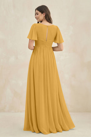 Short Sleeve Chiffon V - Neck A - Line Bridesmaid Dress in Marigold - SHE IS ME Bridesmaid Dresses
