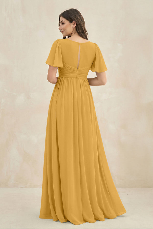 Short Sleeve Chiffon V - Neck A - Line Bridesmaid Dress in Marigold - SHE IS ME Bridesmaid Dresses