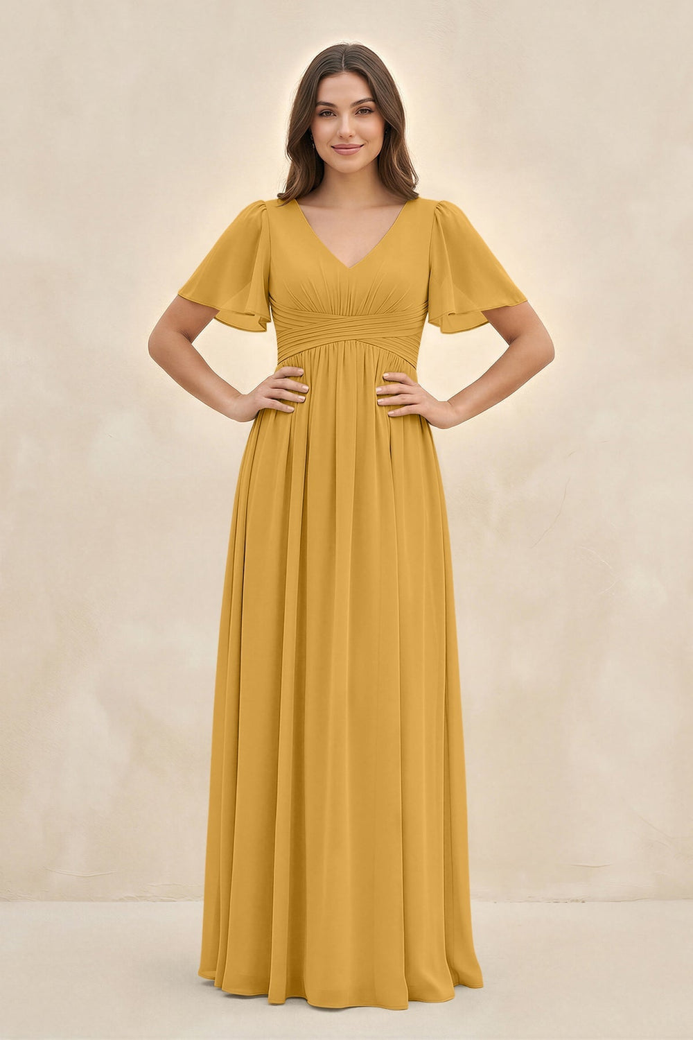 Short Sleeve Chiffon V - Neck A - Line Bridesmaid Dress in Marigold - KISS BRIDAL Bridesmaid Dresses