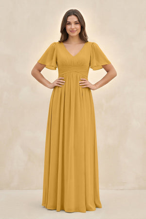 Short Sleeve Chiffon V - Neck A - Line Bridesmaid Dress in Marigold - SHE IS ME Bridesmaid Dresses