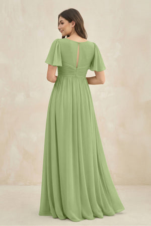 Short Sleeve Chiffon V - Neck A - Line Bridesmaid Dress in Matcha - SHE IS ME Bridesmaid Dresses