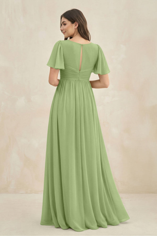 Short Sleeve Chiffon V - Neck A - Line Bridesmaid Dress in Matcha - SHE IS ME Bridesmaid Dresses