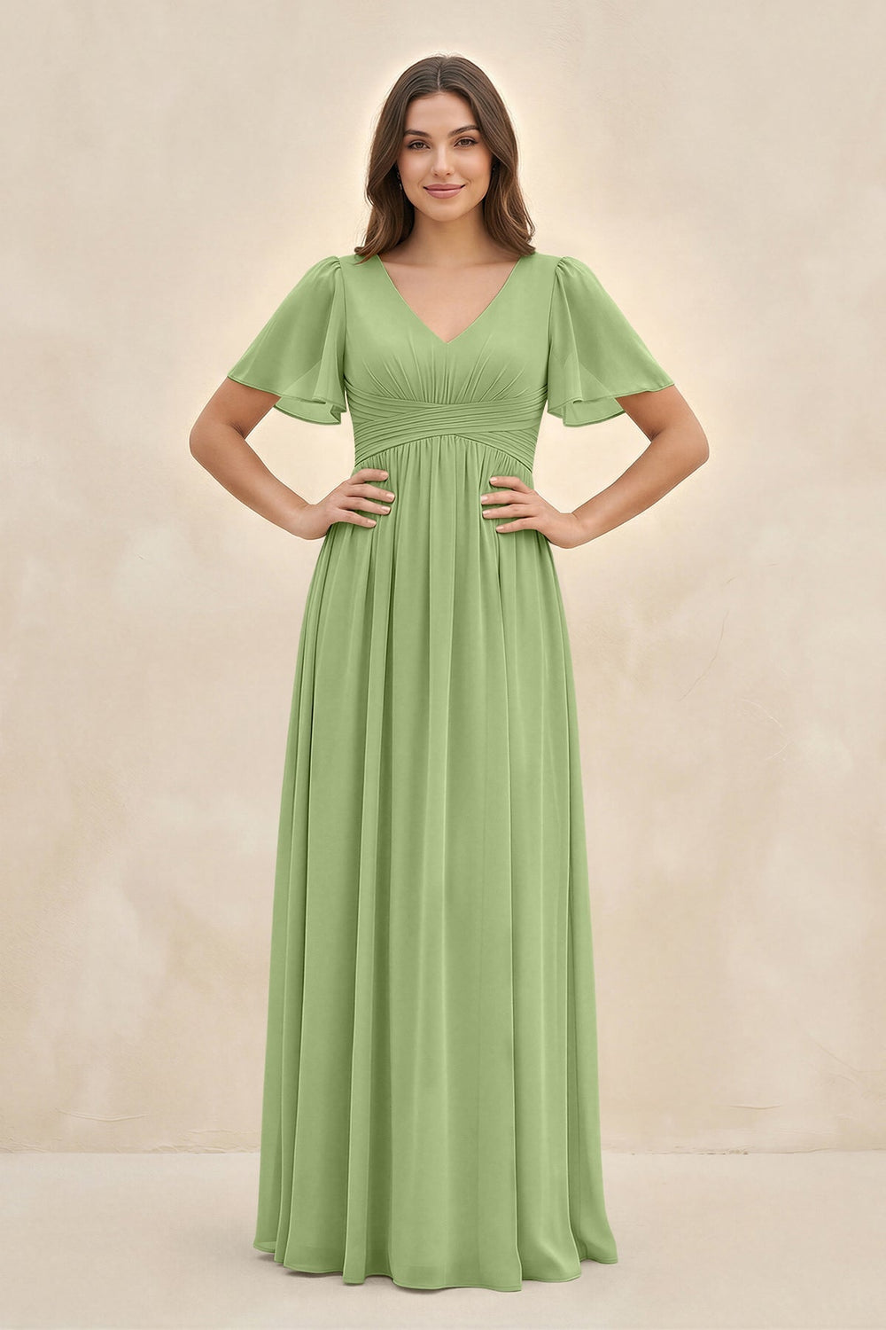 Short Sleeve Chiffon V - Neck A - Line Bridesmaid Dress in Matcha - KISS BRIDAL Bridesmaid Dresses