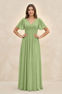 Short Sleeve Chiffon V - Neck A - Line Bridesmaid Dress in Matcha - SHE IS ME Bridesmaid Dresses