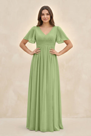 Short Sleeve Chiffon V - Neck A - Line Bridesmaid Dress in Matcha - SHE IS ME Bridesmaid Dresses