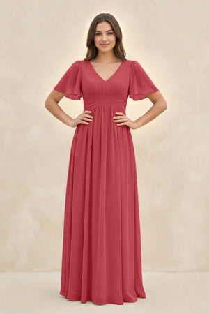 Short Sleeve Chiffon V - Neck A - Line Bridesmaid Dress in Merlot - SHE IS ME Bridesmaid Dresses