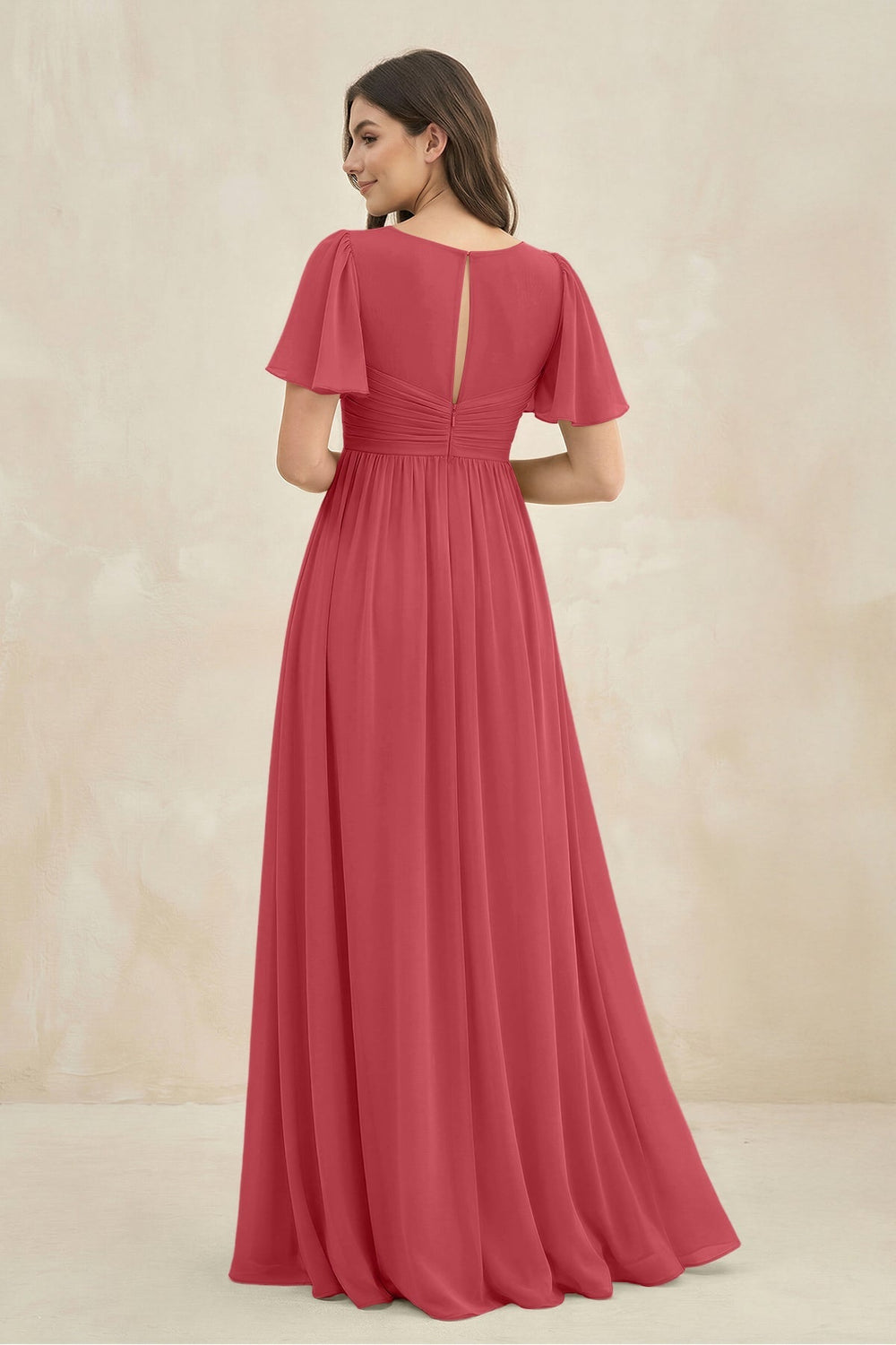 Short Sleeve Chiffon V - Neck A - Line Bridesmaid Dress in Merlot - KISS BRIDAL Bridesmaid Dresses