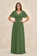 Short Sleeve Chiffon V - Neck A - Line Bridesmaid Dress in Moss - SHE IS ME Bridesmaid Dresses