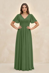 Short Sleeve Chiffon V - Neck A - Line Bridesmaid Dress in Moss - KISS BRIDAL Bridesmaid Dresses