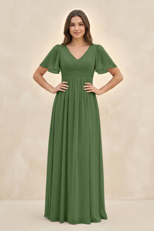 Short Sleeve Chiffon V - Neck A - Line Bridesmaid Dress in Moss - SHE IS ME Bridesmaid Dresses