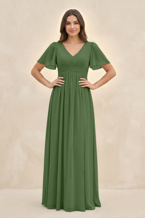Short Sleeve Chiffon V - Neck A - Line Bridesmaid Dress in Moss - SHE IS ME Bridesmaid Dresses