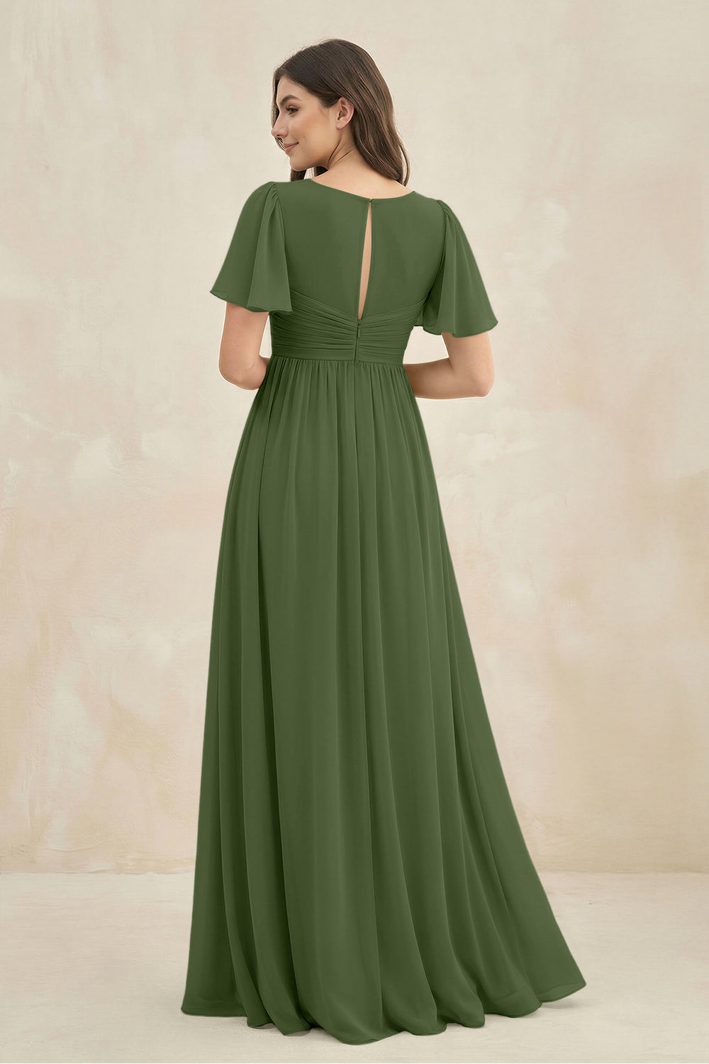 Short Sleeve Chiffon V-Neck A-Line Bridesmaid Dress in Moss