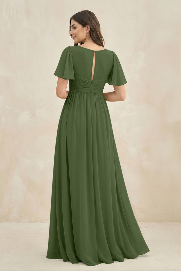 Short Sleeve Chiffon V-Neck A-Line Bridesmaid Dress in Moss (2) | KISSBRIDAL