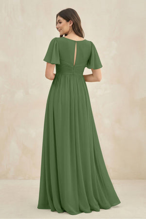 Short Sleeve Chiffon V - Neck A - Line Bridesmaid Dress in Moss - SHE IS ME Bridesmaid Dresses