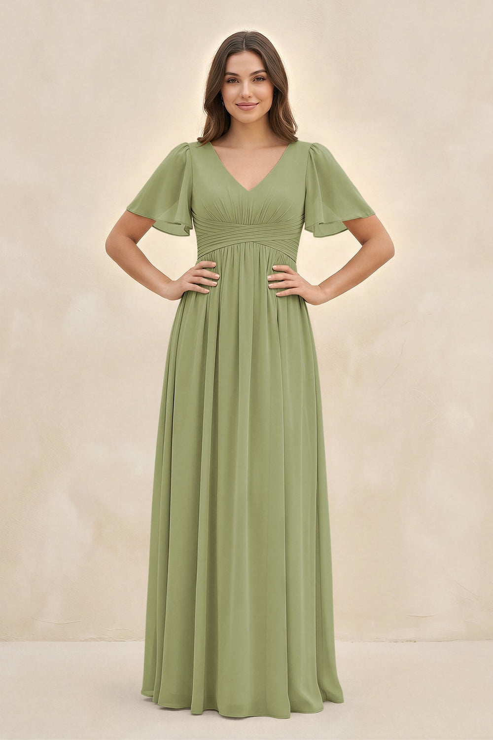Short Sleeve Chiffon V - Neck A - Line Bridesmaid Dress in Moss Green - KISS BRIDAL Bridesmaid Dresses