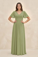 Short Sleeve Chiffon V - Neck A - Line Bridesmaid Dress in Moss Green - SHE IS ME Bridesmaid Dresses