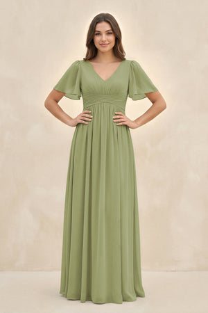 Short Sleeve Chiffon V - Neck A - Line Bridesmaid Dress in Moss Green - SHE IS ME Bridesmaid Dresses
