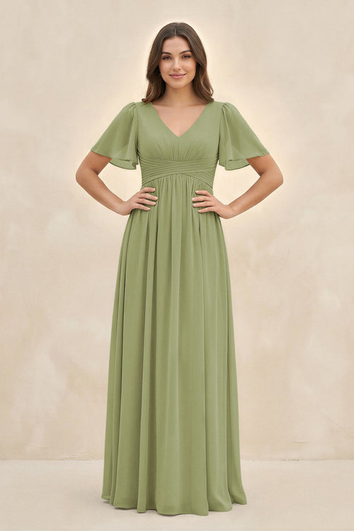 Short Sleeve Chiffon V - Neck A - Line Bridesmaid Dress in Moss Green - SHE IS ME Bridesmaid Dresses