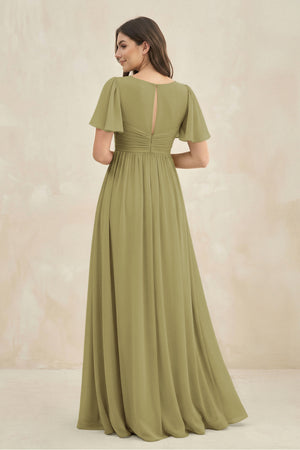 Short Sleeve Chiffon V-Neck A-Line Bridesmaid Dress in Moss Green (2) | KISSBRIDAL