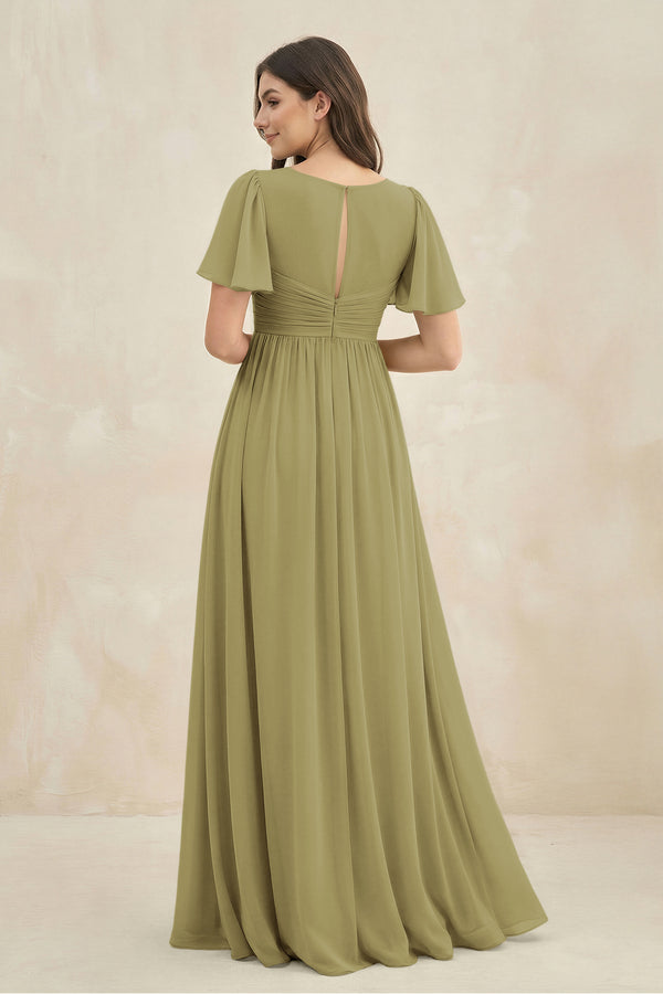 Short Sleeve Chiffon V-Neck A-Line Bridesmaid Dress in Moss Green (2) | KISSBRIDAL