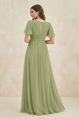 Short Sleeve Chiffon V - Neck A - Line Bridesmaid Dress in Moss Green - SHE IS ME Bridesmaid Dresses