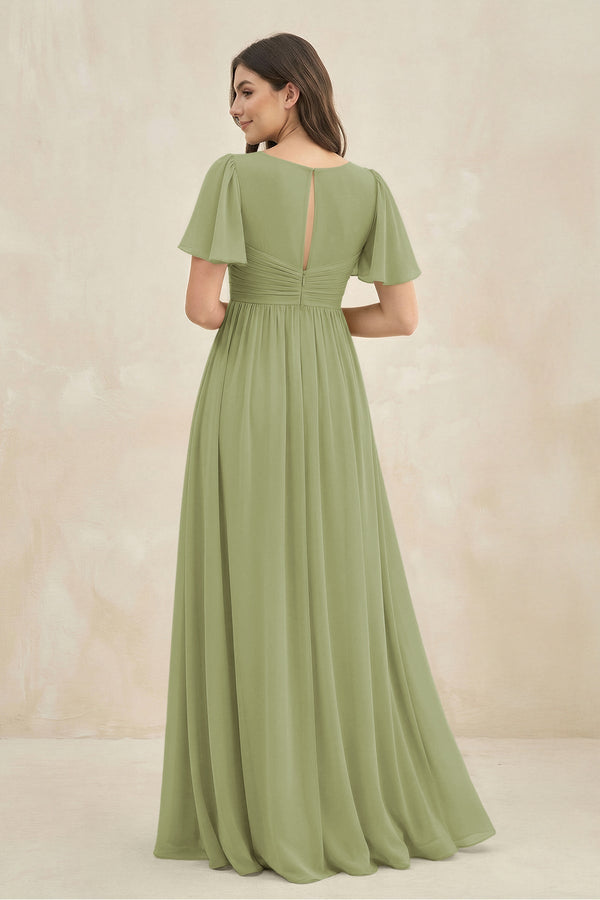 Short Sleeve Chiffon V - Neck A - Line Bridesmaid Dress in Moss Green - SHE IS ME Bridesmaid Dresses