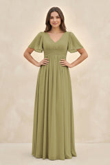 Short Sleeve Chiffon V-Neck A-Line Bridesmaid Dress in Moss Green | KISSBRIDAL
