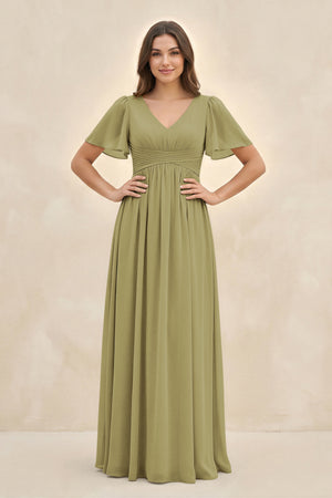 Short Sleeve Chiffon V-Neck A-Line Bridesmaid Dress in Moss Green | KISSBRIDAL