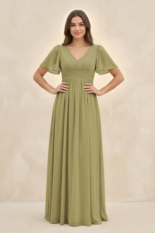 Short Sleeve Chiffon V-Neck A-Line Bridesmaid Dress in Moss Green | KISSBRIDAL