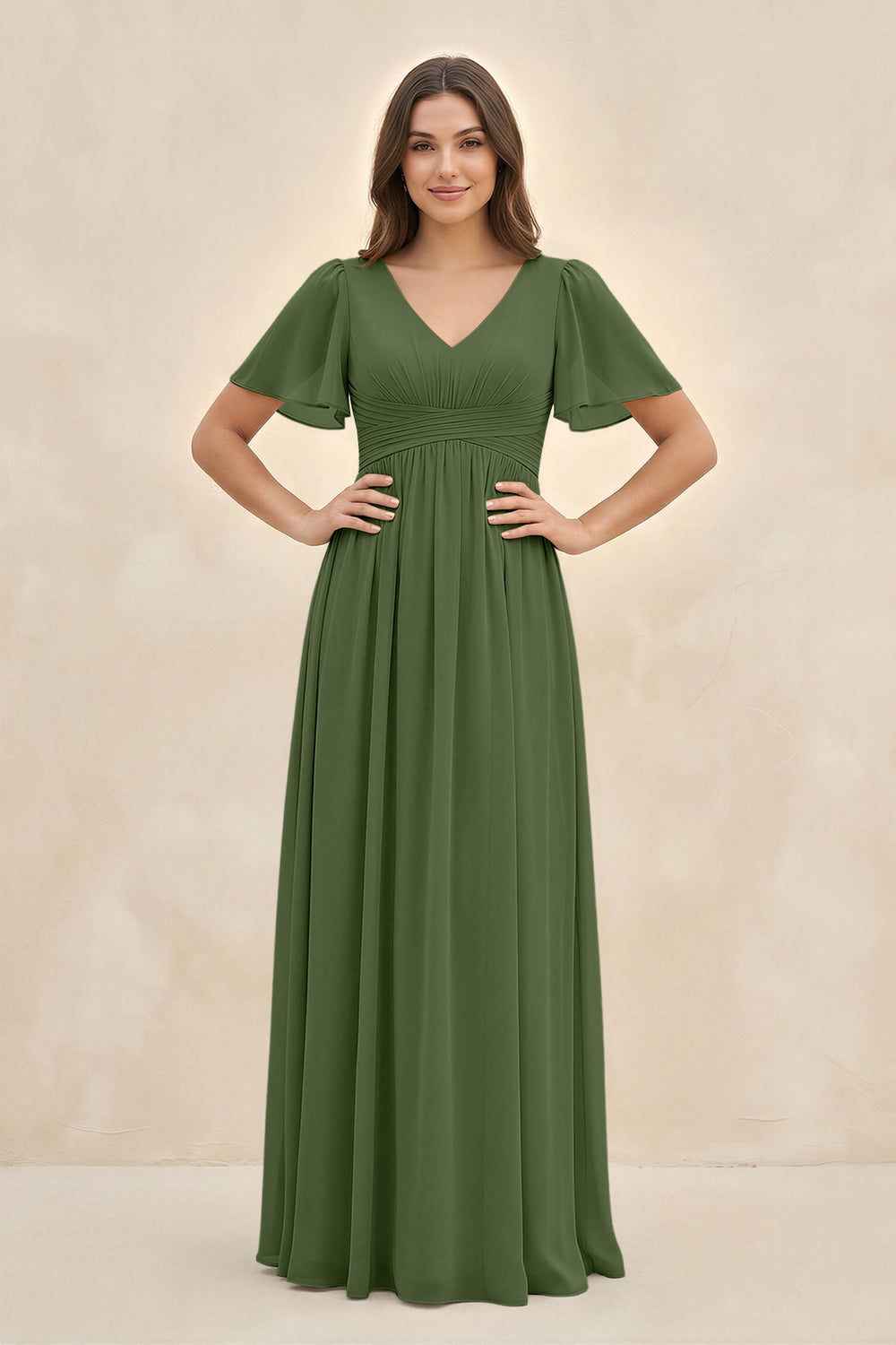 Short Sleeve Chiffon V-Neck A-Line Bridesmaid Dress in Moss