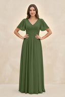 Short Sleeve Chiffon V-Neck A-Line Bridesmaid Dress in Moss | KISSBRIDAL