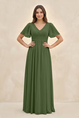 Short Sleeve Chiffon V-Neck A-Line Bridesmaid Dress in Moss | KISSBRIDAL