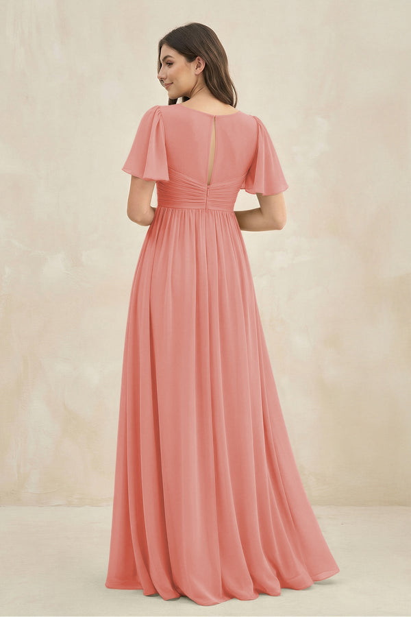 Short Sleeve Chiffon V - Neck A - Line Bridesmaid Dress in Mulberry - SHE IS ME Bridesmaid Dresses