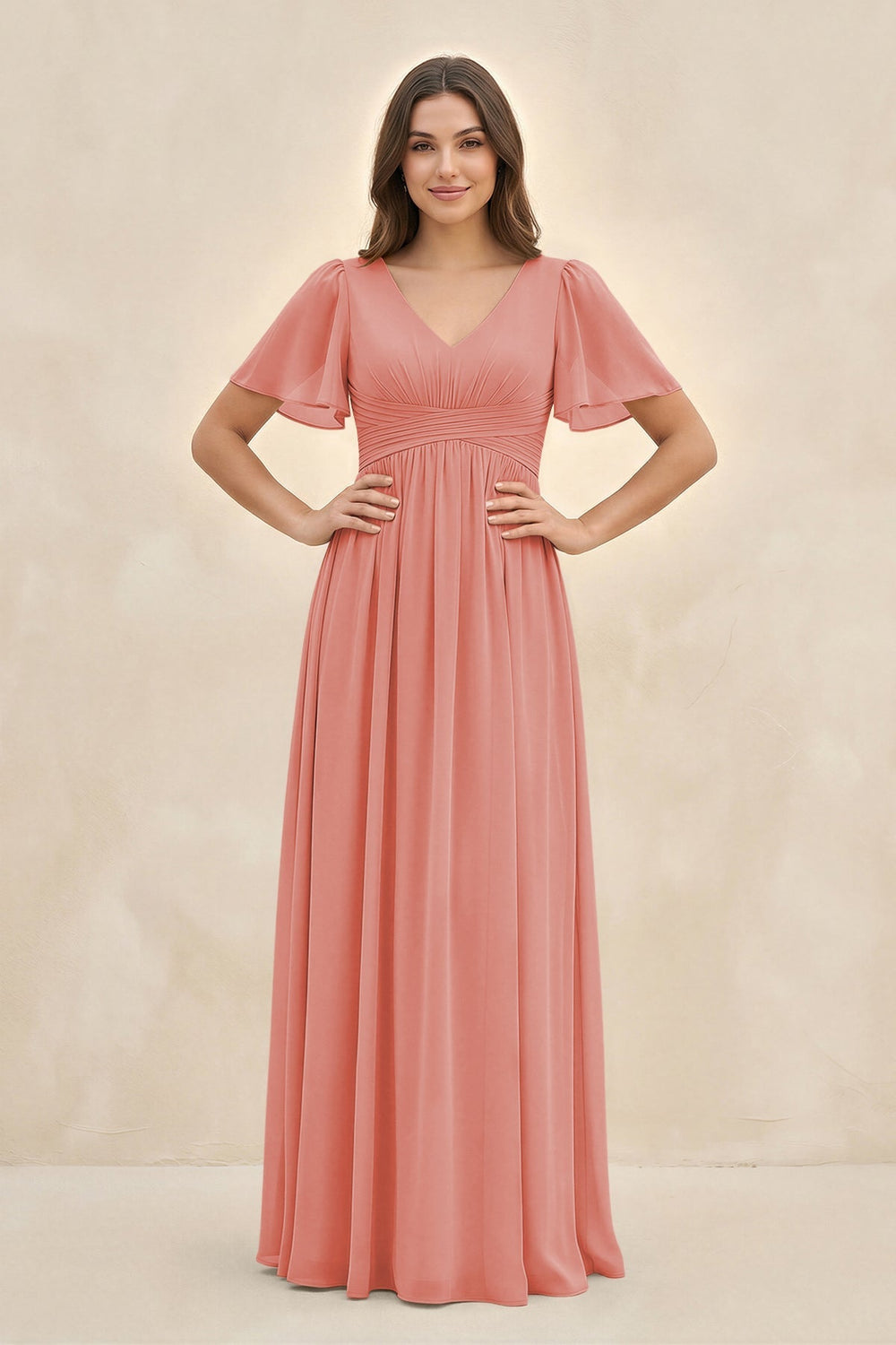 Short Sleeve Chiffon V - Neck A - Line Bridesmaid Dress in Mulberry - KISS BRIDAL Bridesmaid Dresses