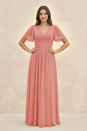 Short Sleeve Chiffon V - Neck A - Line Bridesmaid Dress in Mulberry - SHE IS ME Bridesmaid Dresses
