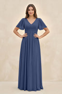 Short Sleeve Chiffon V - Neck A - Line Bridesmaid Dress in Navy - SHE IS ME Bridesmaid Dresses